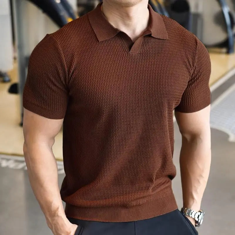 Men’s brown textured knit polo shirt with short sleeves and collar – casual smart summer top