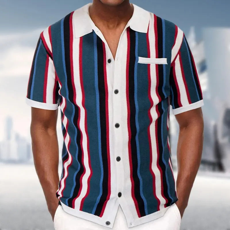 Men's white and blue tones short sleeve button-up shirt with vertical multicolor stripes