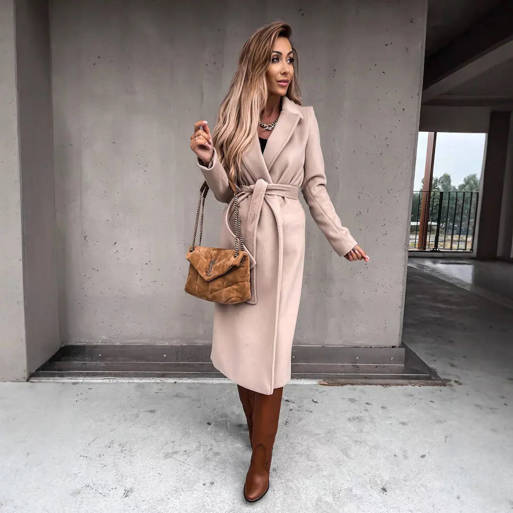 Blush beige long wool coat with belt – minimalist and sophisticated winter fashion
