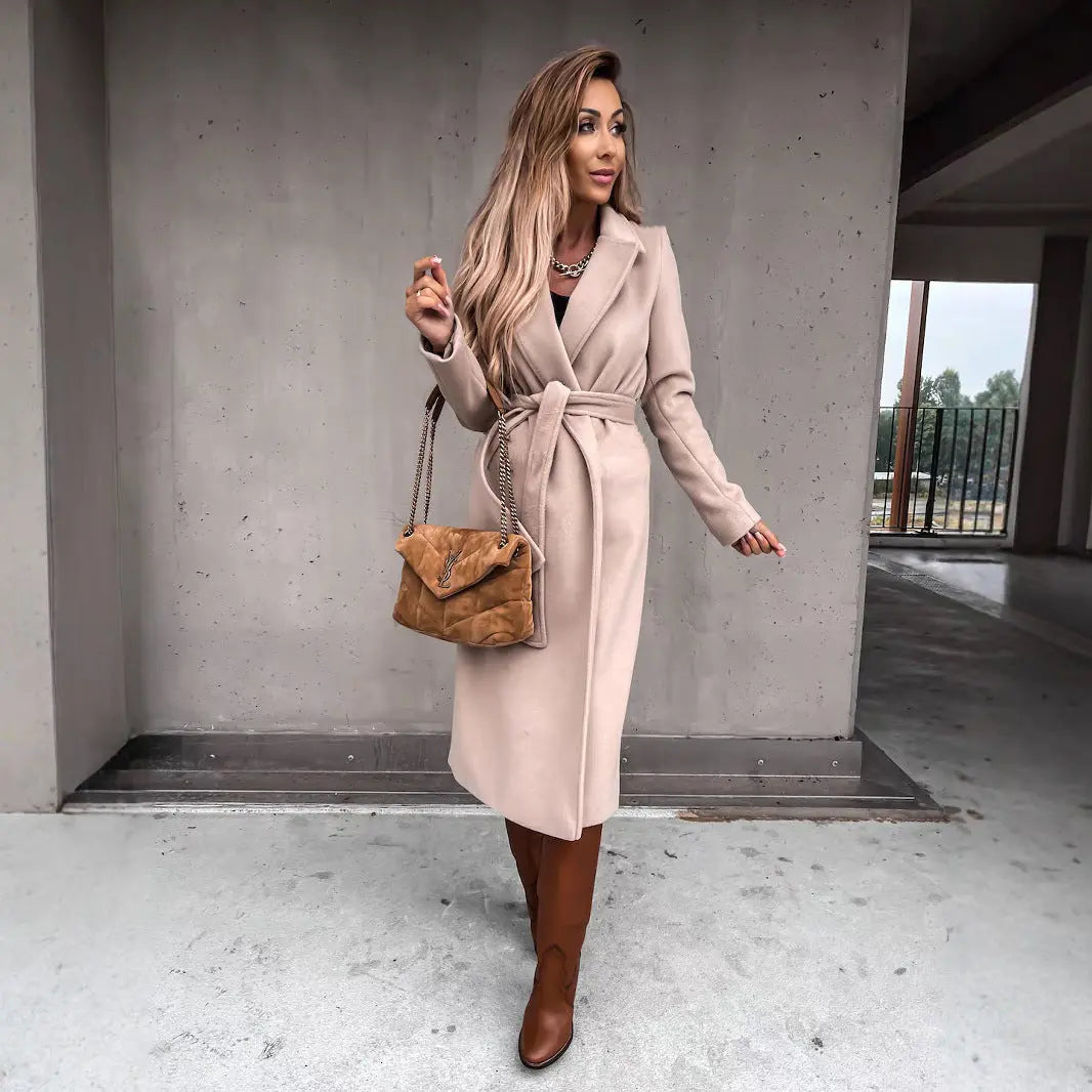 Blush beige long wool coat with belt – minimalist and sophisticated winter fashion