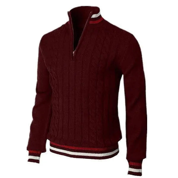 Burgundy red men's cable knit sweater – athletic-inspired design with zip collar