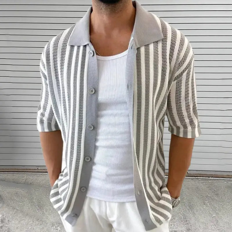 Men's beige and white vertical striped knit shirt – lightweight short sleeve vacation shirt