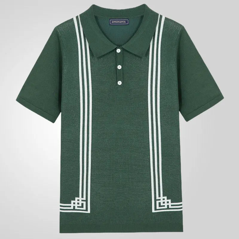 Men’s dark green knit polo shirt with vertical white stripe accents and button-up collar – modern casual short sleeve top