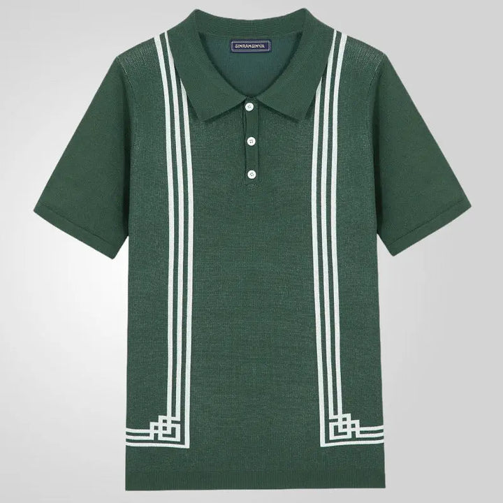 Men’s dark green knit polo shirt with vertical white stripe accents and button-up collar – modern casual short sleeve top