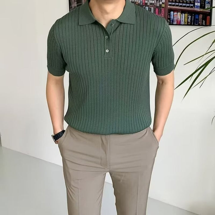 Men’s green short sleeve ribbed knit polo shirt with textured fabric and button collar