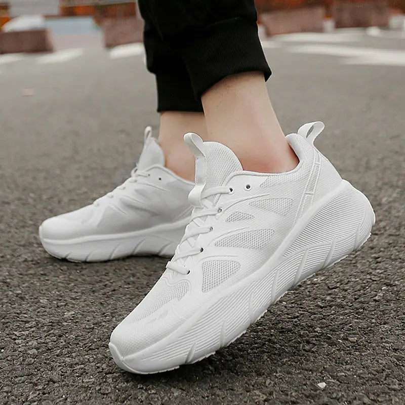 Breathable white mesh athletic sneakers with white outsole, ideal for running, walking, and everyday activewear.