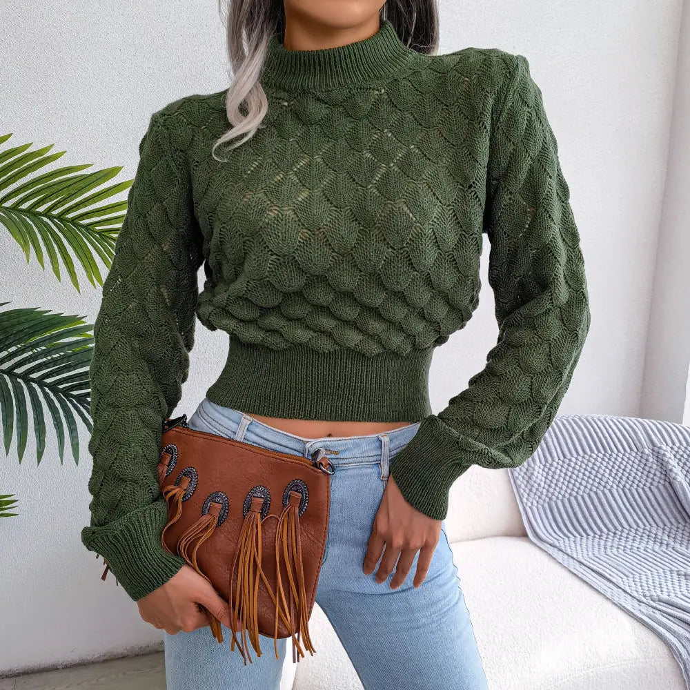 Dark green long sleeve textured sweater – chic knit top for women’s fall and winter fashion.