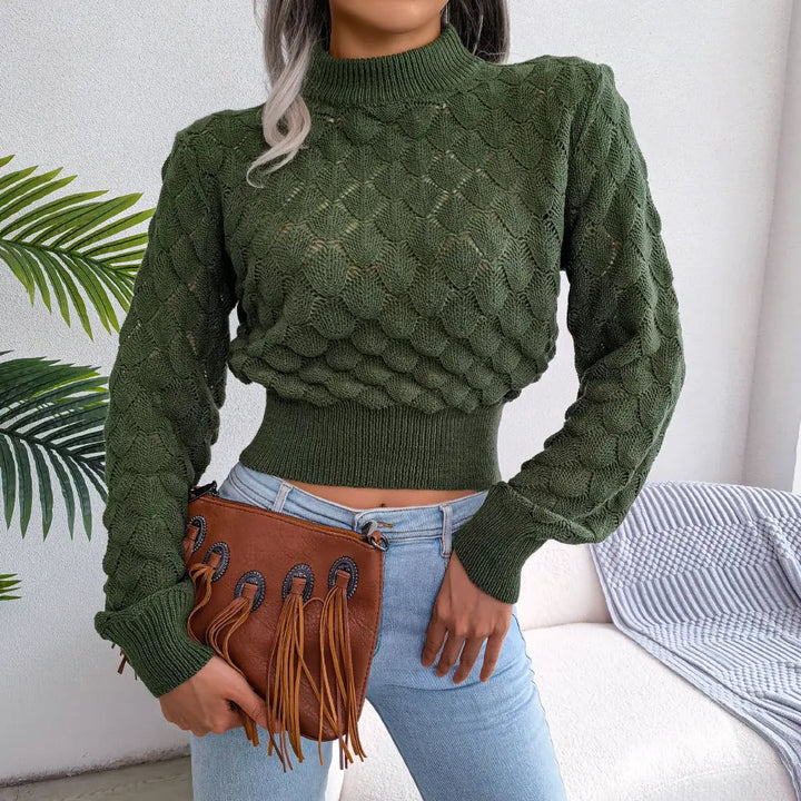 Dark green long sleeve textured sweater – chic knit top for women’s fall and winter fashion.