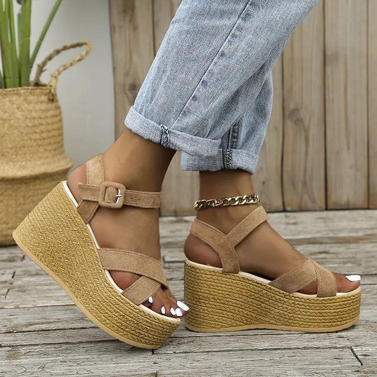 Women's beige suede platform espadrille wedge sandals with ankle strap – boho summer footwear