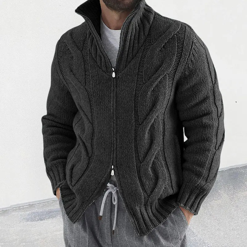 Chunky cable knit zip-up cardigan for men – warm shawl collar sweater in black for casual fall and winter layering