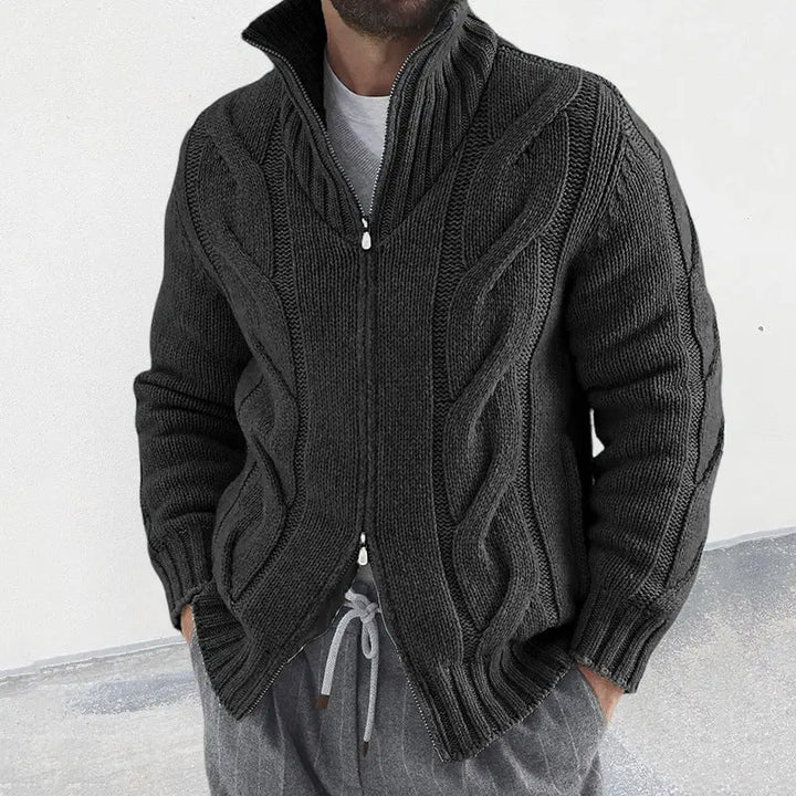 Chunky cable knit zip-up cardigan for men – warm shawl collar sweater in black for casual fall and winter layering
