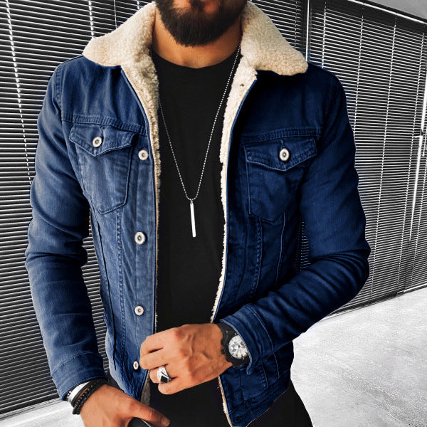 Stylish men’s sherpa-lined denim jacket with warm fleece collar – button-up winter outerwear for casual streetwear looks, in dark blue