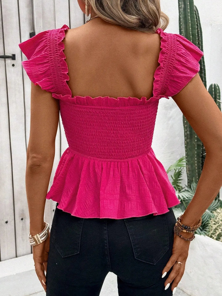 Women’s hot pink smocked peplum top with ruffle straps – sleeveless summer blouse