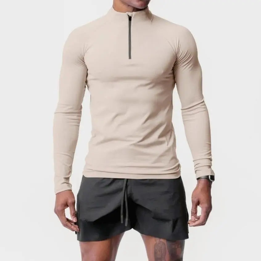 Beige men’s slim-fit quarter-zip athletic top with long sleeves – ideal for gym workouts or running