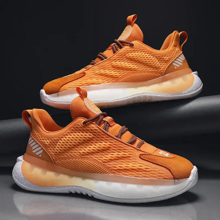 A pair of SleekMotion Running Sneakers with a orange and white color scheme, showcasing the mesh upper and cushioning sole.