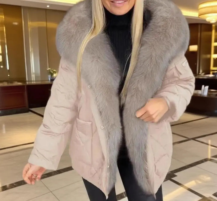 Light beige fur-trimmed winter parka for women – warm and chic cold-season jacket