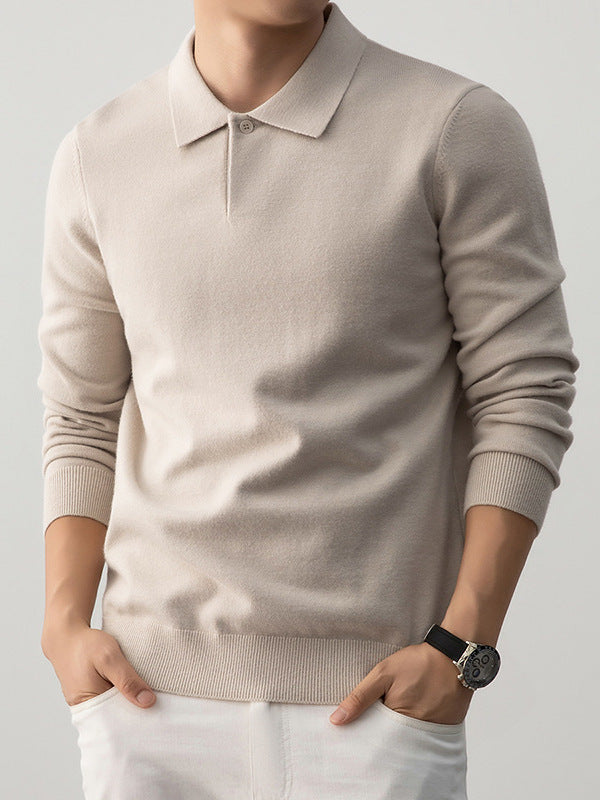 Men’s knit pullover with polo collar in beige – soft lightweight long sleeve sweater for casual or smart wear
