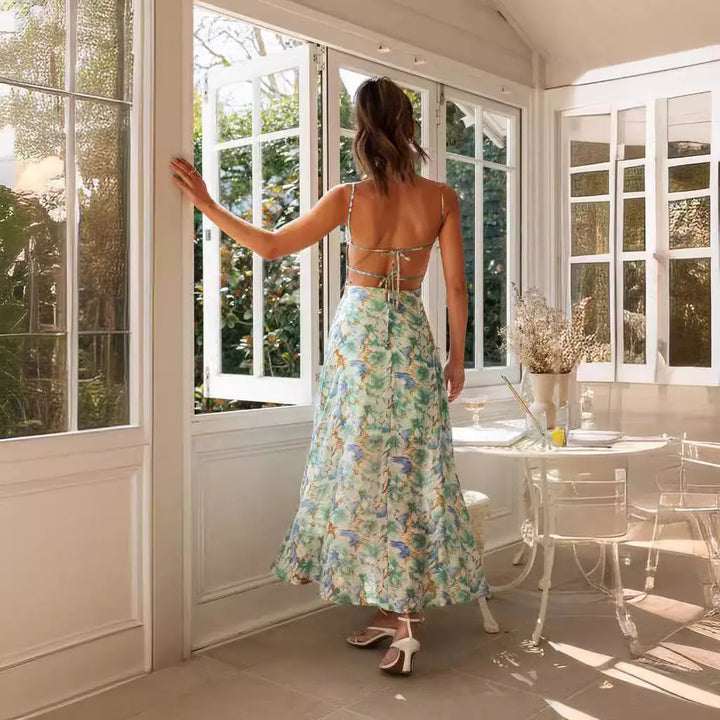 Women’s floral print maxi dress with sweetheart neckline, spaghetti straps, and front slit – elegant summer vacation outfit