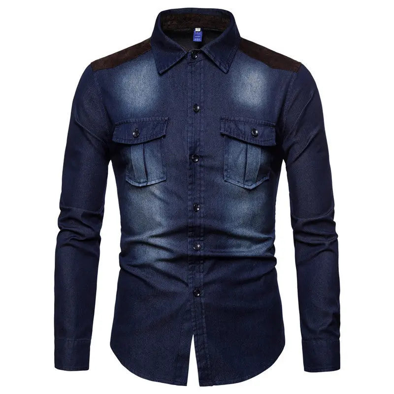 Men’s dark wash slim-fit denim shirt with contrast shoulder panels and chest flap pockets – stylish casual wear