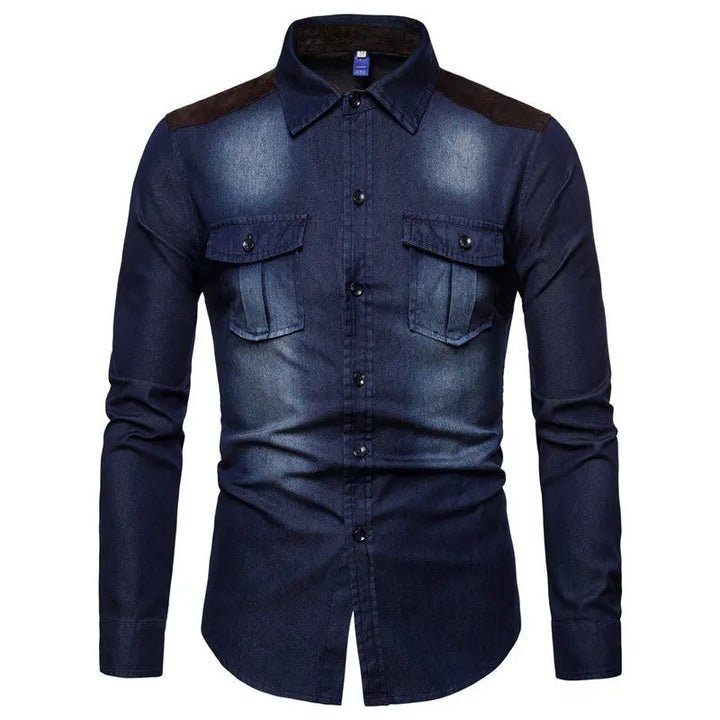 Men’s dark wash slim-fit denim shirt with contrast shoulder panels and chest flap pockets – stylish casual wear