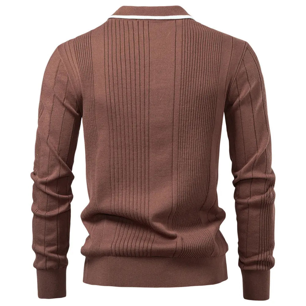 Men’s ribbed knit polo sweater with contrast collar trim – long sleeve pullover in chestnut brown perfect for smart casual fall looks