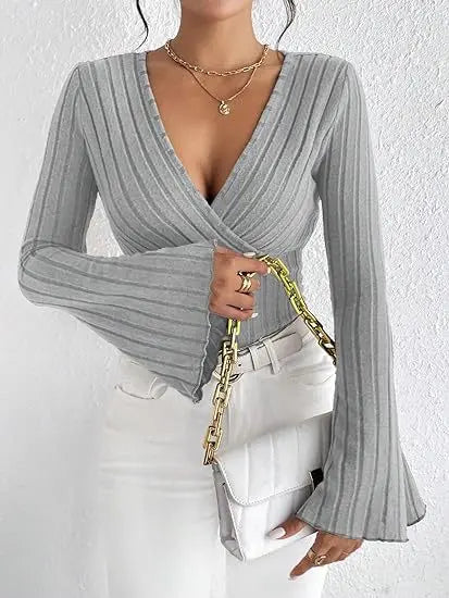 Ribbed V-neck wrap sweater top for women – stylish long bell sleeves in grey elevated casual looks