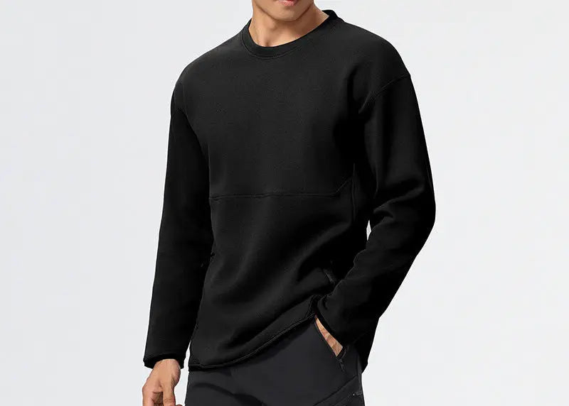 Men’s minimalist black crew neck sweatshirt with long sleeves – casual athletic pullover for everyday wear