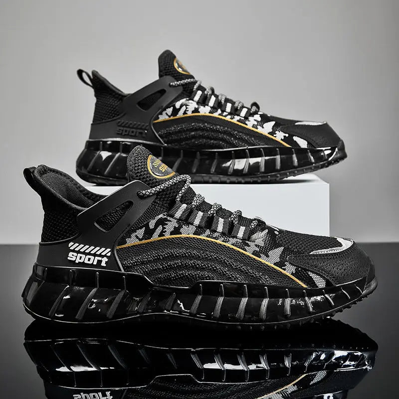 A pair of black AllMotion Active Shoes with a breathable upper design and a non-slip rubber outsole