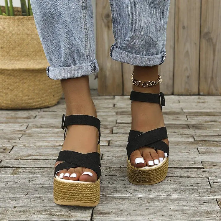Women's black suede platform espadrille wedge sandals with ankle strap – boho summer footwear