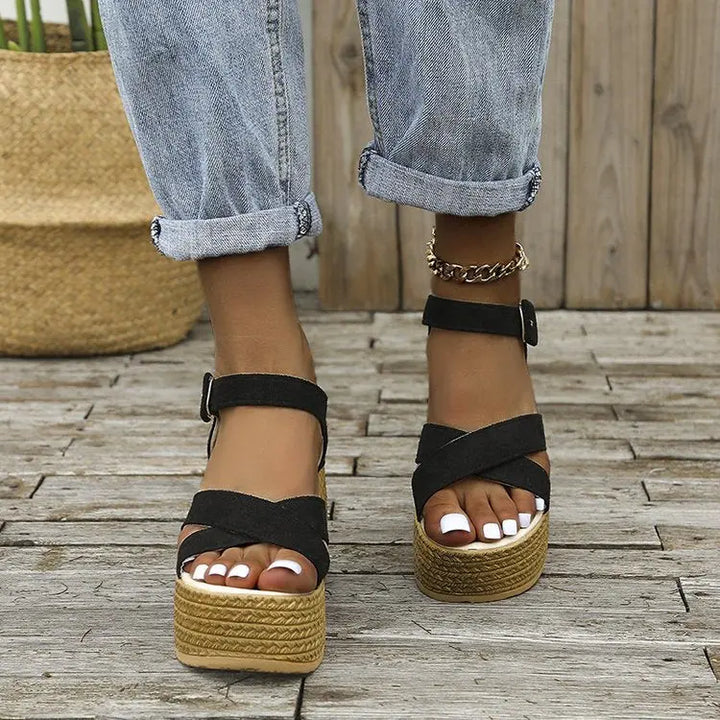 Women's black suede platform espadrille wedge sandals with ankle strap – boho summer footwear
