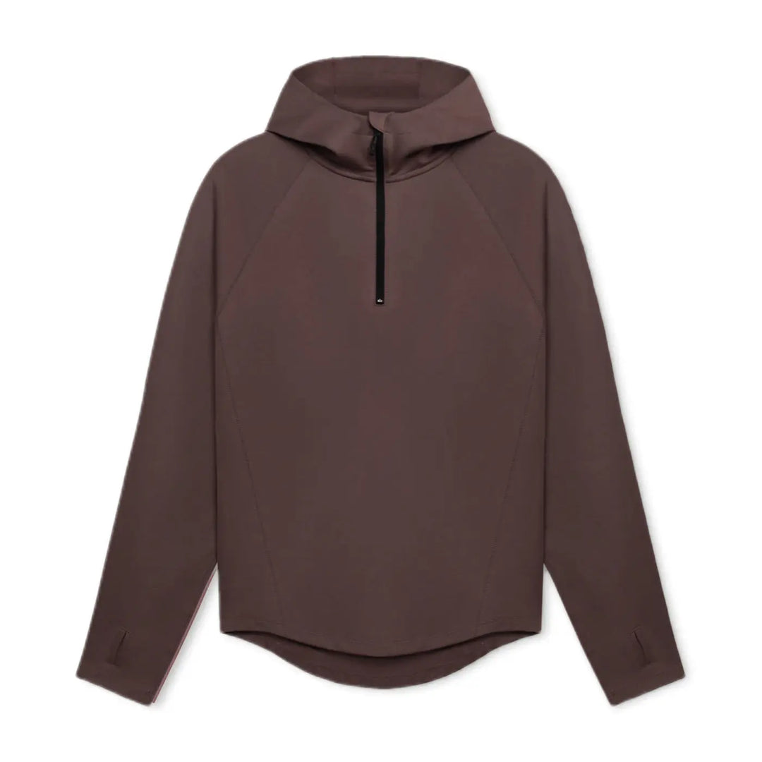 Brown men’s athletic pullover hoodie with quarter zip front – versatile piece for workouts or casual wear