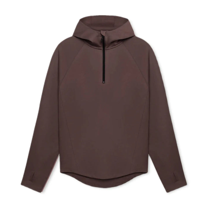 Brown men’s athletic pullover hoodie with quarter zip front – versatile piece for workouts or casual wear