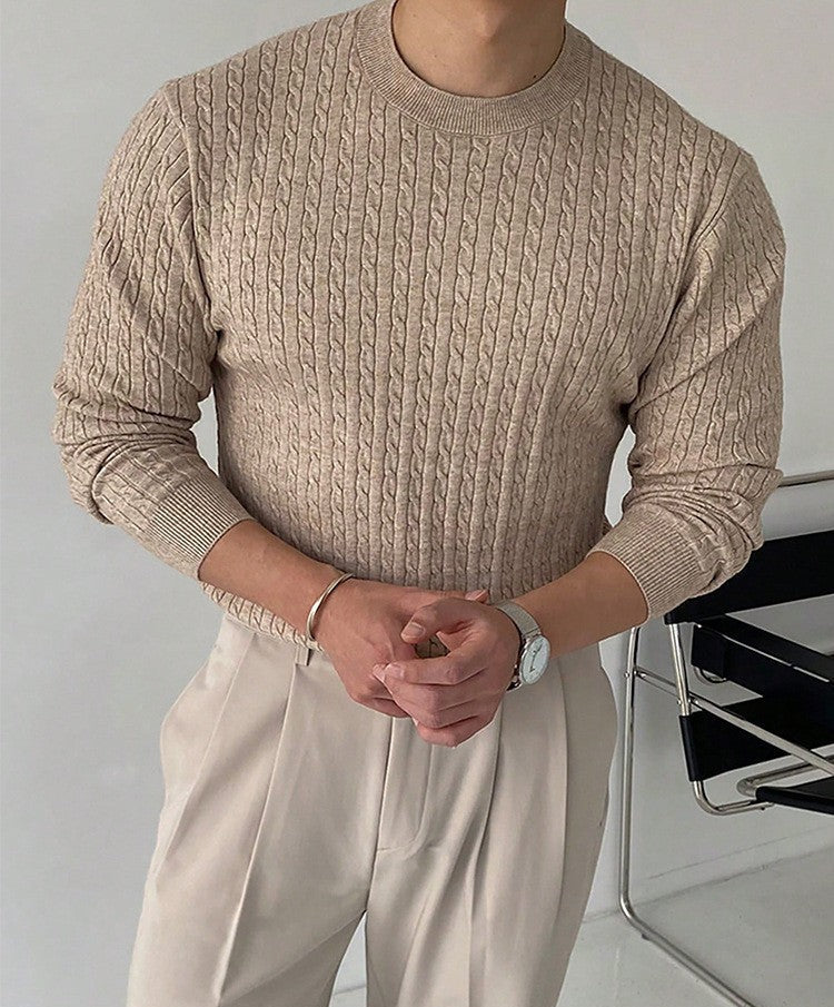 Men's textured crew neck knit sweater in beige – lightweight and breathable fall pullover. Modern slim-fit sweater