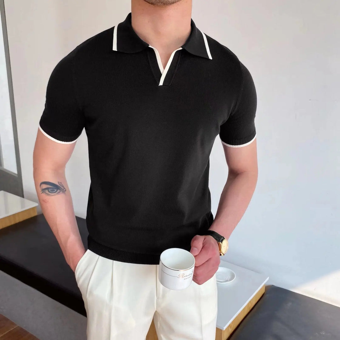 Men’s black short sleeve polo shirt with white contrast trim and collar – smart casual knit top