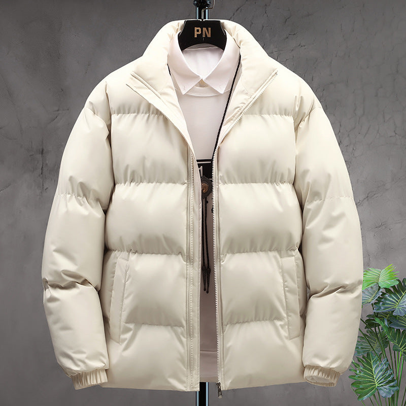Men’s beige puffer jacket. Quilted winter jacket with high collars and front zippers