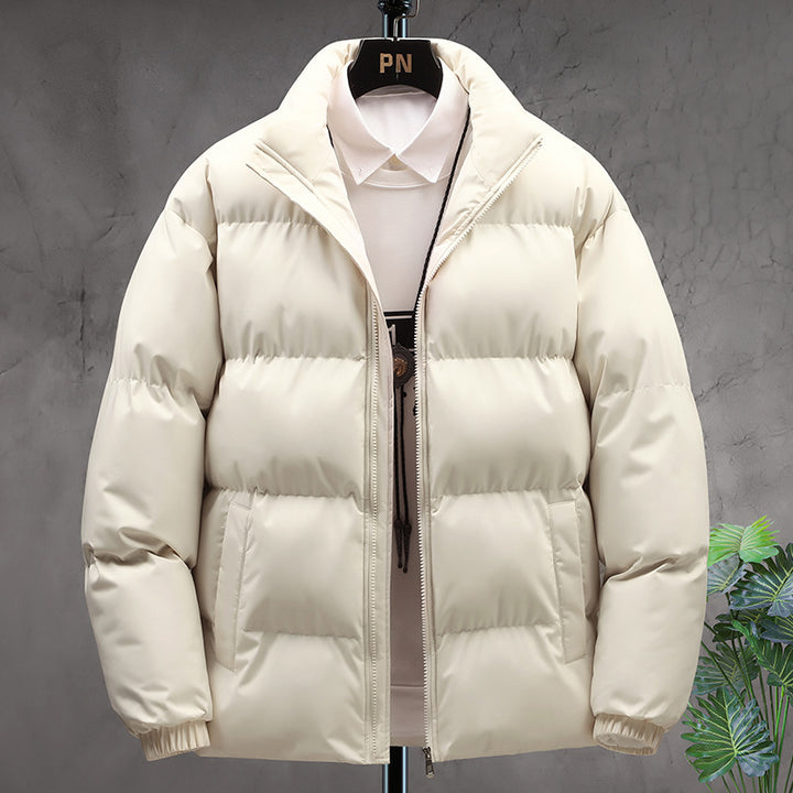 Men’s beige puffer jacket. Quilted winter jacket with high collars and front zippers