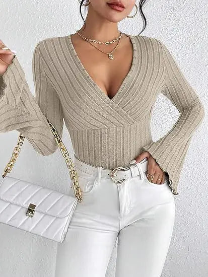 Ribbed V-neck wrap sweater top for women – stylish long bell sleeves in beige elevated casual looks