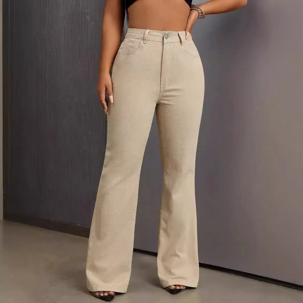 Women’s beige high-waisted flared pants with front pockets – chic casual trousers for summer outfits