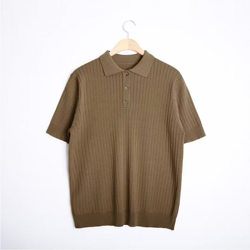 Men’s brown short sleeve ribbed knit polo shirt with textured fabric and button collar