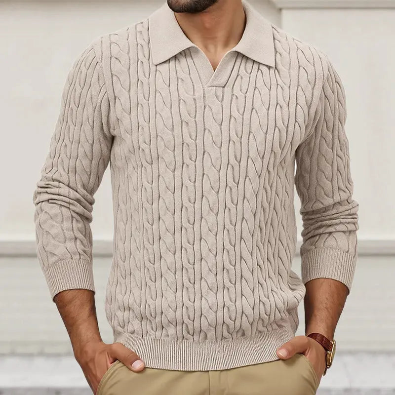 Men’s cable knit polo collar sweater – soft long sleeve pullover in neutral beige blending preppy style with cozy comfort for cooler seasons