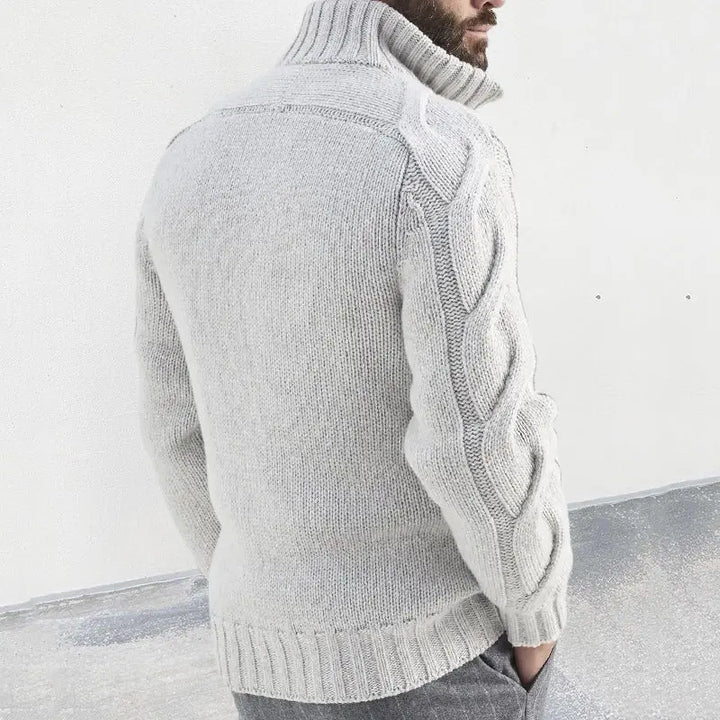 Chunky cable knit zip-up cardigan for men – warm shawl collar sweater in gray for casual fall and winter layering