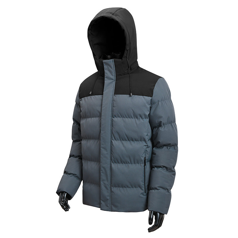 Men’s insulated color-block puffer jacket with hood – warm winter coat with windproof design, zip closure, and thermal padding in gray and blacck hood