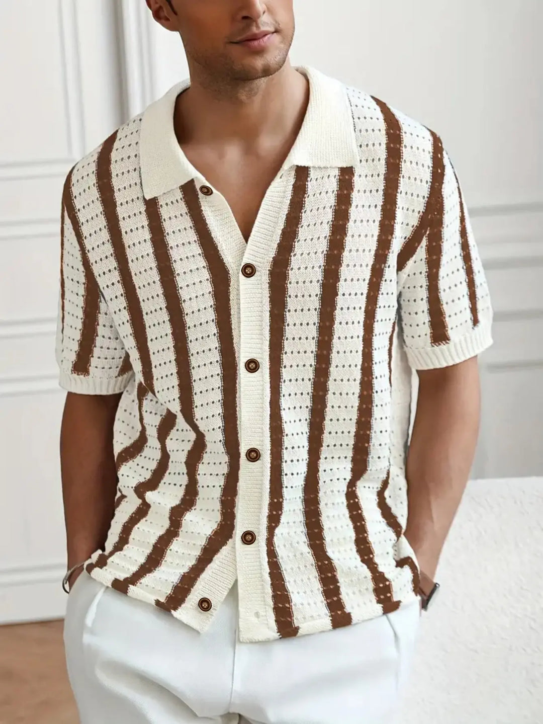 Men’s vintage-style brown and white vertical striped short sleeve knit shirt – retro button-up polo