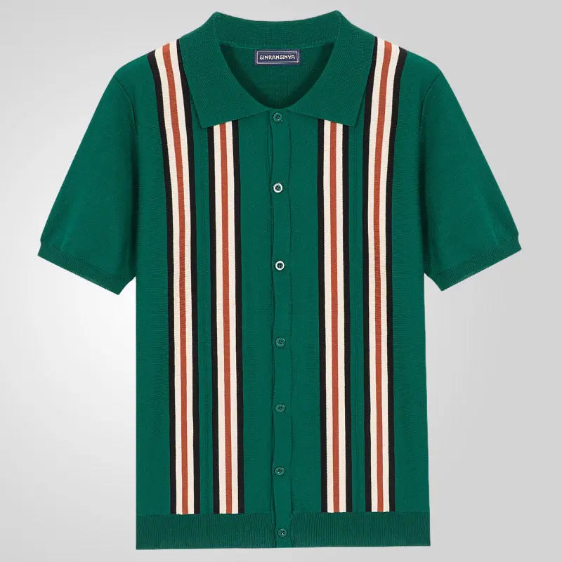 Dark green men's knit shirt with vertical stripe design