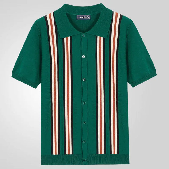 Dark green men's knit shirt with vertical stripe design