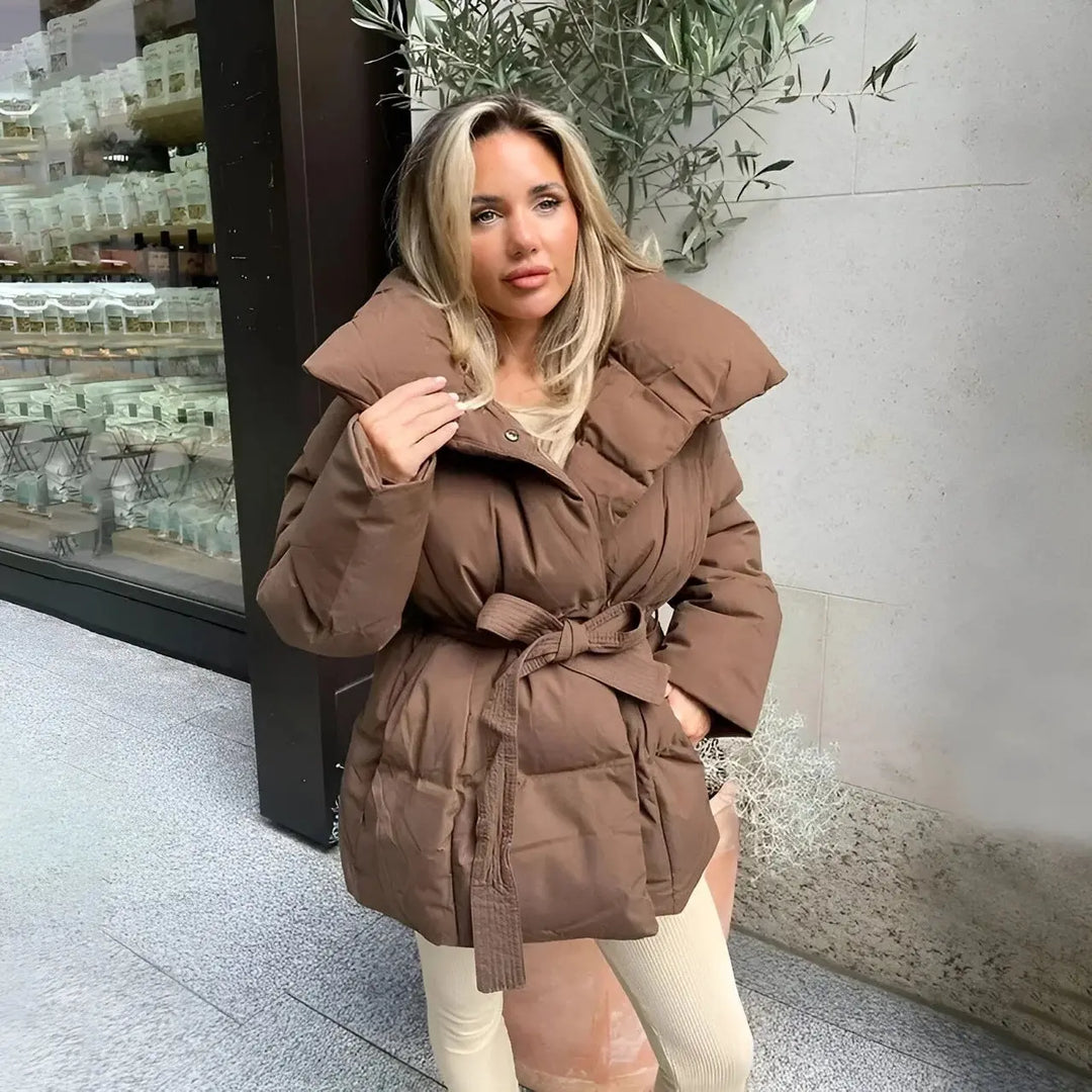 Stylish women’s brown belted puffer jacket with oversized collar – winter outerwear for casual cold-weather outfits