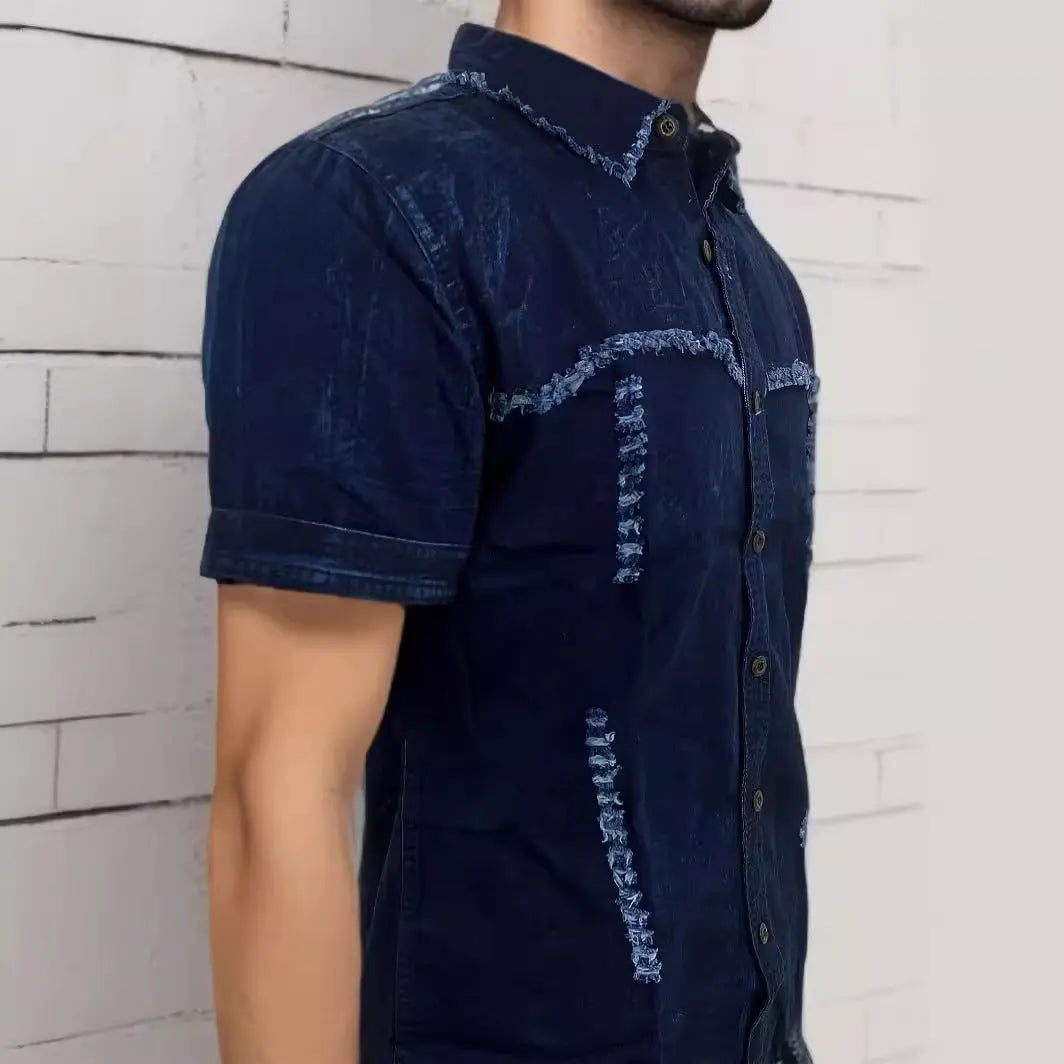 Men's short sleeve denim shirt with frayed seams – casual dark wash button-up for summer