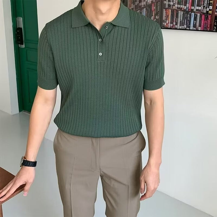 Men’s green short sleeve ribbed knit polo shirt with textured fabric and button collar