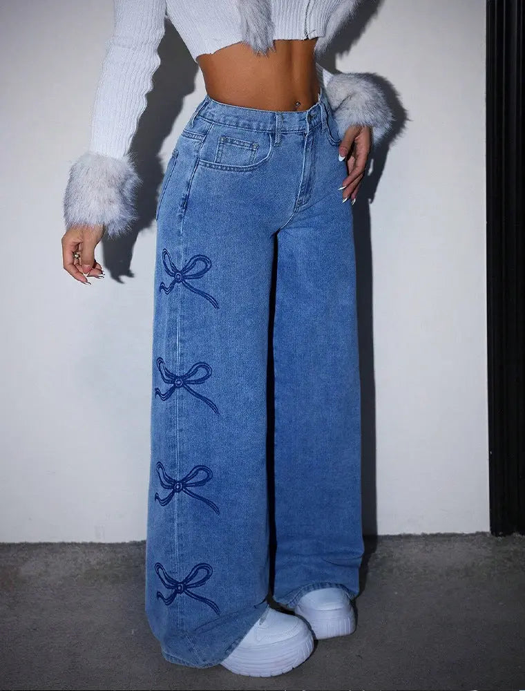 Women’s high-waisted wide-leg blue jeans with bow embroidery detail – trendy Y2K streetwear denim pants
