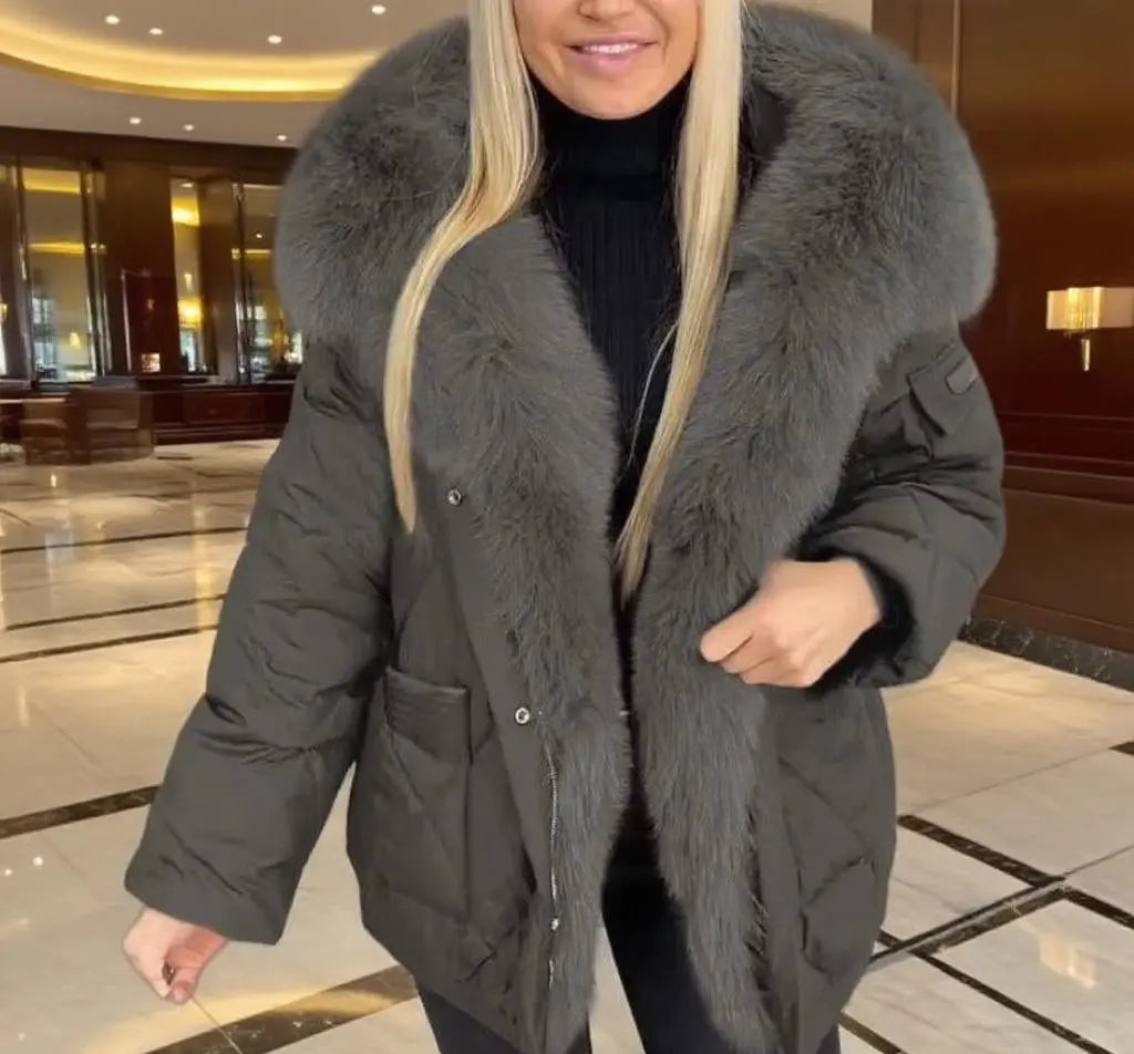 Dark gray women's fur collar parka – insulated winter coat for stylish streetwear looks